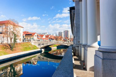 Ljubljanica Nehri ve Ljubljana şehir manzarası üzerinde Ejderha heykeli köprü