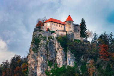 Slovenya'da Bled Gölü'nde dağda Kale