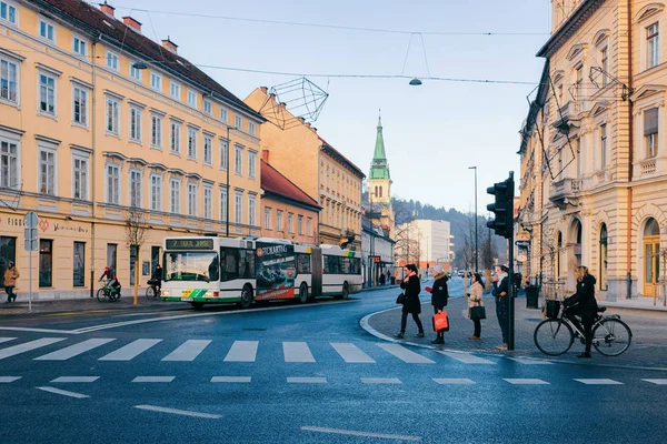 Пешеходы на улице и городской пейзаж старого города Любляны — стоковое фото