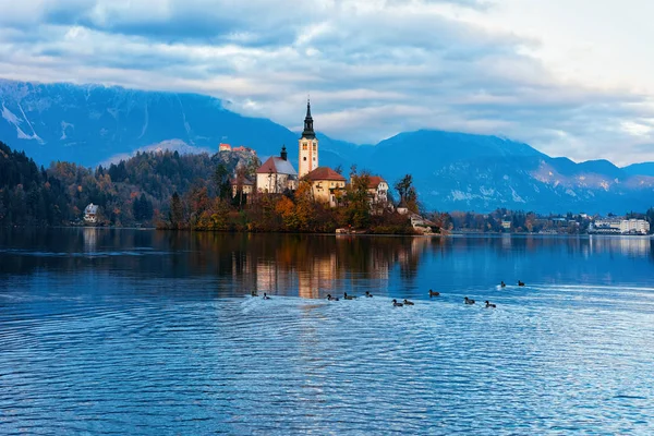 布莱德湖与教堂和城堡斯洛文尼亚的美丽景观 — 图库照片