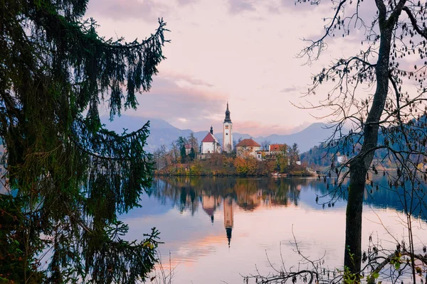 Vacker landskapsutsikt över Bled Lake och kyrkan i Slovenien — Stockfoto