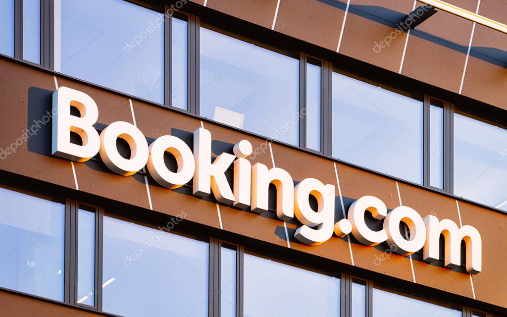 Vilnius, Lithuania - October 11, 2018: Booking.com logo of the modern business office building