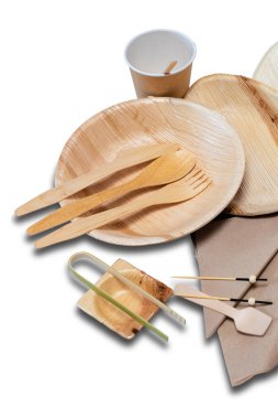 Bambu tek kullanımlık sofra ve tabaklar ve piknik için çatal bıçak takımı