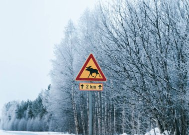 Tehlike Reindeer Road işareti kırsal yol karlı kış Laponya