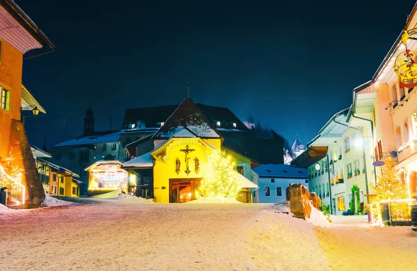 Gruyeres Town Village in Zwitserland Winter Night — Stockfoto