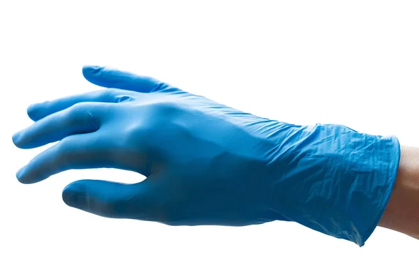 手在蓝色医生医疗乳胶手套隔离白色背景 — 图库照片