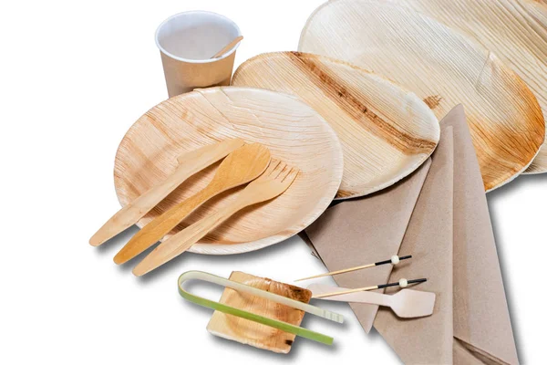 Bamboo disposable tableware with plates and cutlery for picnic — Stock Photo, Image