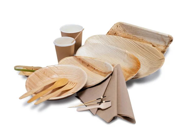 Wooden disposable tableware with plates and cutlery for picnic — Stock Photo, Image