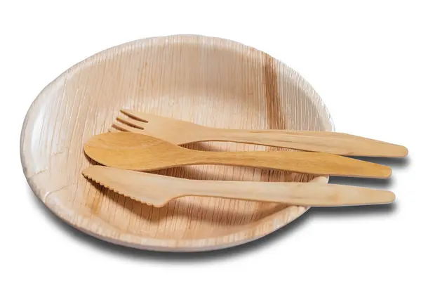Fából készült eldobható evőeszközök tányérral és evőeszköz kés kanál villa — Stock Fotó