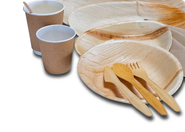 Set of wooden disposable tableware and plates and cutlery picnic — Stock Photo, Image