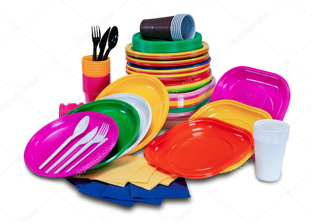 Plastic disposable tableware with plates and cutlery picnic