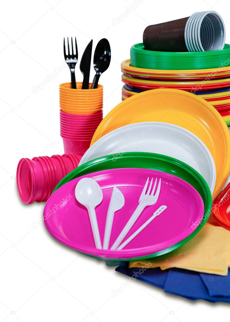 Set with plastic disposable tableware with plates cutlery picnic
