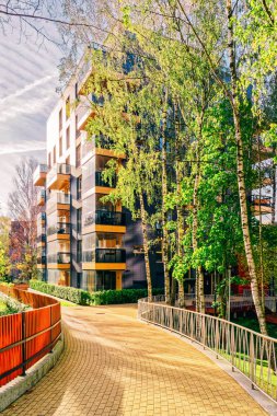 Modern cam daire konut bina ve huş ağaçları