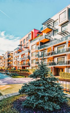 Çam ağacı ve Modern konut kompleksinin