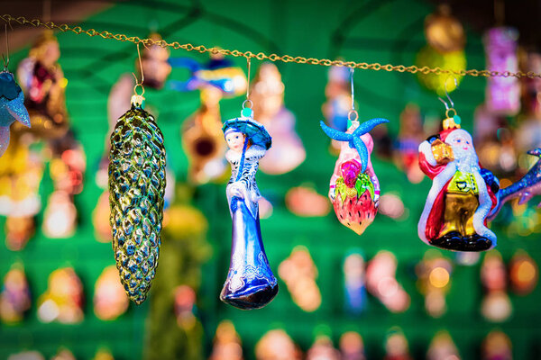 Glass Christmas tree decorations on Christmas market in Germany