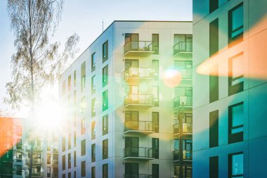 Cephe daire ev kopya alan yeşil ağaç güneş ışığı