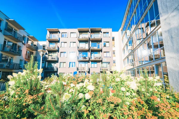 Nuevo apartamento edificios residenciales con plantas de flores instalaciones al aire libre Vilnius — Foto de Stock