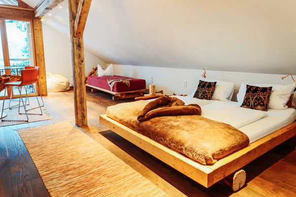 Interior of bedroom wood Modern design of bed