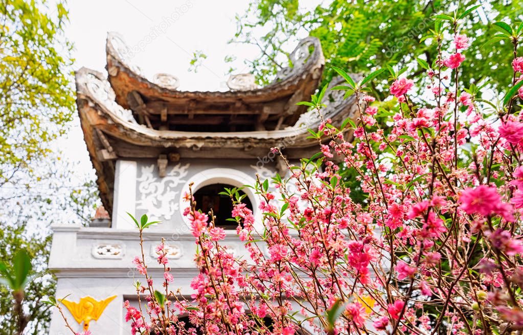 Ngoc Son Temple of Jade Mountain on West Lake Hanoi sakura