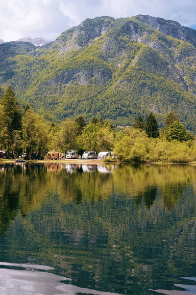 Camping of RV caravan trailers near Bohinj Lake Slovenia