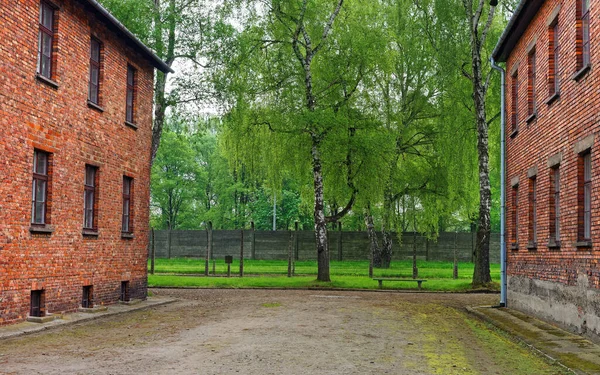 Cuartel de ladrillo rojo en el campo de concentración de Auschwitz — Foto de Stock