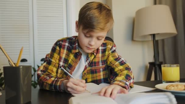 Portraitaufnahme des hübschen blonden Jungen, der am Tisch im gemütlichen Zimmer seine Hausaufgaben macht und den Kopf hebt, um in die Kamera zu schauen. Innenräume — Stockvideo
