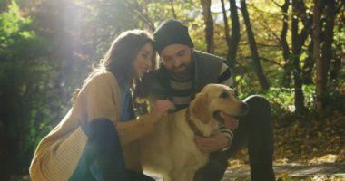 Sarılma ve onların şirin labrador yılında güneşli güzel pak ortasında okşama genç çekici romantik çift düşmek. Açık