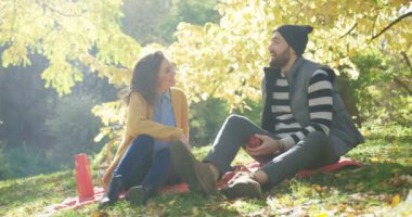 Parkta otururken, konuşurken ve piknik genç attracctive çift. Güneşli bir günde sonbahar. Açık havada