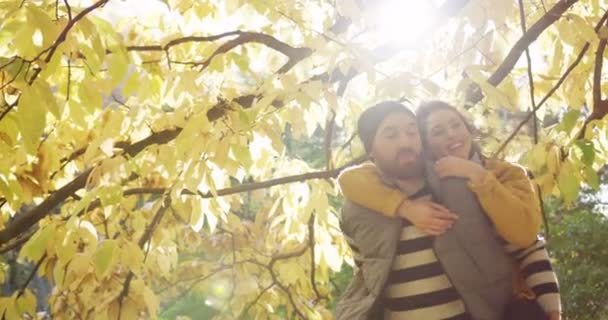 Jeune homme et femme charmant tournant et s'amusant sous l'arbre avec des feuilles jaunes dans le parc d'automne. Météo ensoleillée. Extérieur — Video