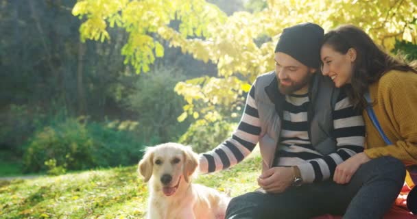 Portraitaufnahme eines jungen attraktiven Paares, das mit seinem süßen Hund auf der Decke im Gras im malerischen Herbstpark sitzt. sonniges Wetter. im Freien — Stockvideo