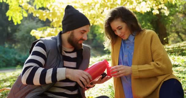 Портрет влюбленной романтической молодой пары, сидящей в парке. Мужчина наливает горячий чай из термоса для женщины. Солнечный осенний день. Снаружи . — стоковое видео