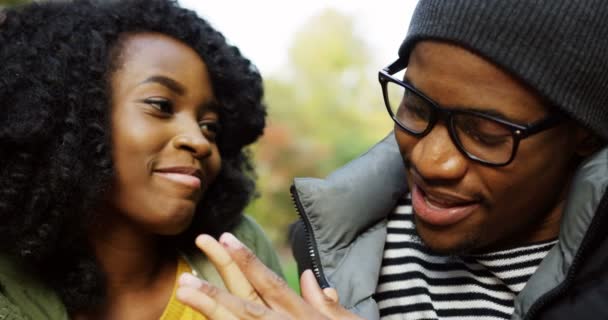 Primer plano de la joven linda pareja afroamericana enamorada abrazándose, hablando y cogiéndose de la mano. Aparcar en el otoño. Al aire libre. Retrato plano — Vídeos de Stock