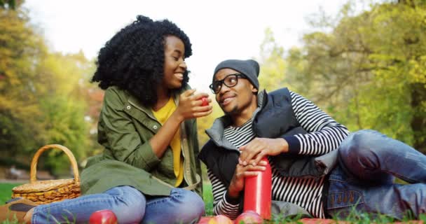 Joven pareja afroamericana sentada en el pintoresco parque y bebiendo té caliente de la taza roja. Caída soleada. Afuera. Retrato plano — Vídeo de stock