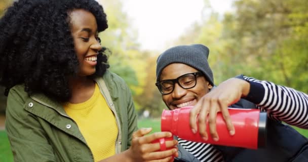 浪漫年轻的非洲裔美国夫妇的肖像拍摄爱坐在公园里。男人把热茶从热水瓶里倒出来给女人喝。阳光明媚的秋日。外面. — 图库视频影像