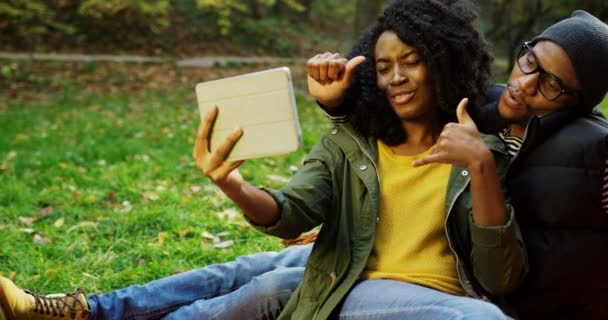 Joven pareja afroamericana encantadora video chat, mostrando los pulgares hacia arriba y riendo en el dispositivo de la tableta en el hermoso parque en el día soleado en otoño. Al aire libre — Vídeos de Stock
