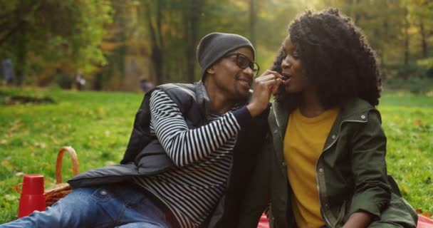 Портрет молодого красивого африканского американца, кормящего свою девушку виноградом, пока они осенью сидят на траве в парке. Снаружи . — стоковое видео