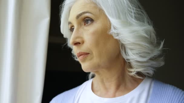 Retrato de una anciana seria mirando a la ventana en casa en la sala de estar. Un disparo interior. De cerca. . — Vídeo de stock