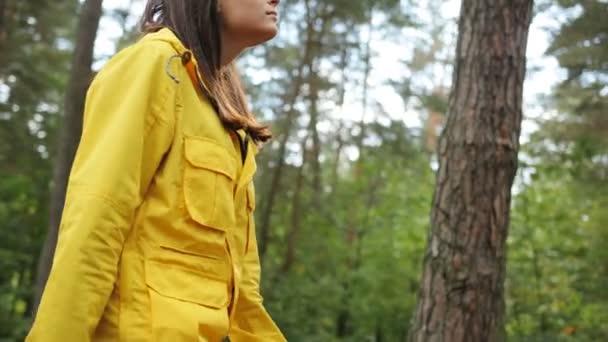 Fiatal, csinos nő roaming egyedül az erdő egy hátizsák, a Térkép és a távcsövet a kezében. Kültéri — Stock videók