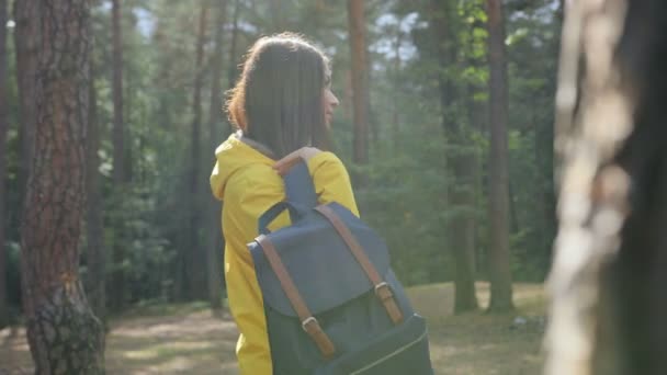 Ganska ung kvinna med en vintage kamera tar på hennes ryggsäck och börjar promenera i vackra soliga skogen. Solo vandring. Utomhus — Stockvideo