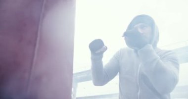 Bir duman açık havada bir çanta ile eğitim boksörü hızlı hareket. Bulutlu gri gökyüzü. Portait atış.