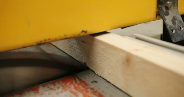 Woodfactory で大きな機械で木材を切断のクローズ アップ。家具産地 — ストック動画