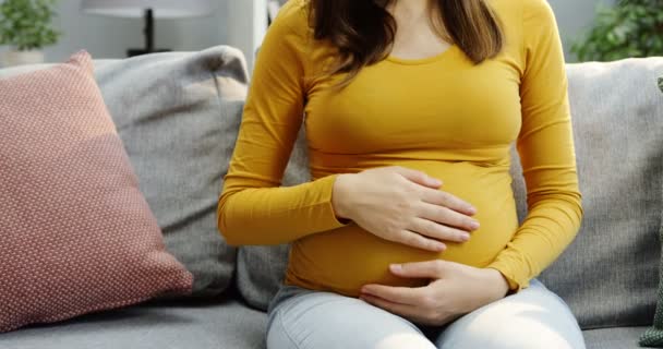 Närbild av den vackra gravida kvinnan sitter på soffan, smeker magen försiktigt och än ler framför kameran hemma. Inuti — Stockvideo