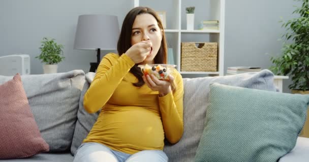 Atractiva mujer embarazada comiendo una ensalada de frutas en el sofá ygatito lindo gato que viene a sus rodillas y mirando dentro del tazón. En interiores — Vídeos de Stock