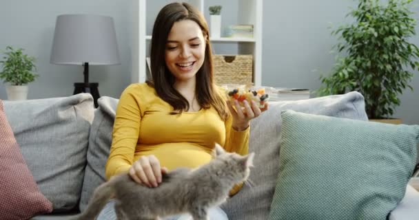 Sorridente donna caucasica incinta mangiare una macedonia di frutta mentre si riposano sul divano e gattino grigio saltare intorno a lei. Interni — Video Stock