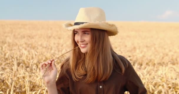 Закройте Портрет Довольно Веселой Молодой Женщины Стоящей Золотом Пшеничном Поле — стоковое видео