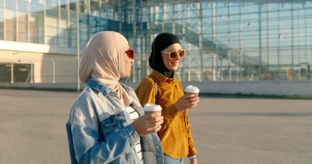 Arabian Jovens Mulheres Elegantes Lenços Cabeça Tradicionais Óculos Sol Andando — Vídeo de Stock