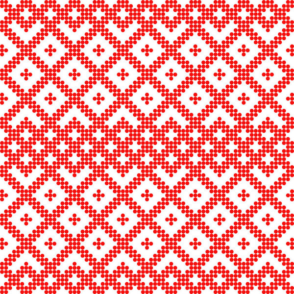 Seamless pattern based on slavic ornament.Filled with red circles.