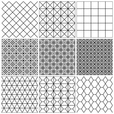 Kusursuz geometrik desenler kümesi. Çizgiler siyah..