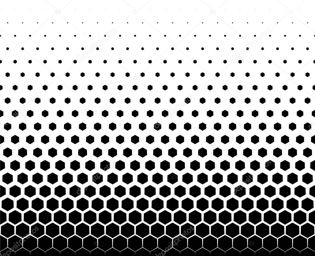 Seamless halftone vector background.Average fade out.Black hexagones.