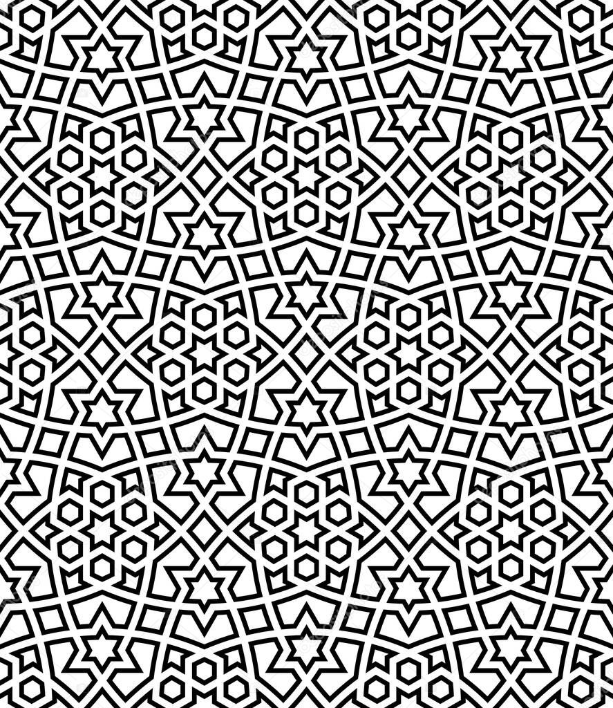 Seamless geometric ornament based on traditional arabic art.Black lines and white background.Great design for fabric,textile,cover,wrapping paper,background.Thick doubled lines.